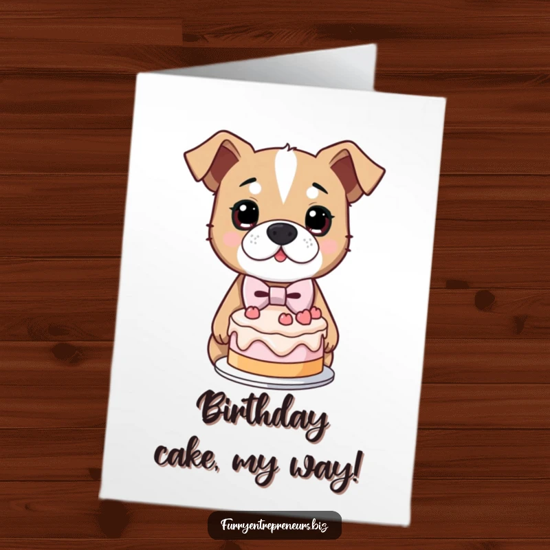 Funny Free Printable Birthday Card featuring a determined dog in a bowtie proudly presenting a charmingly lopsided cake, full of love.