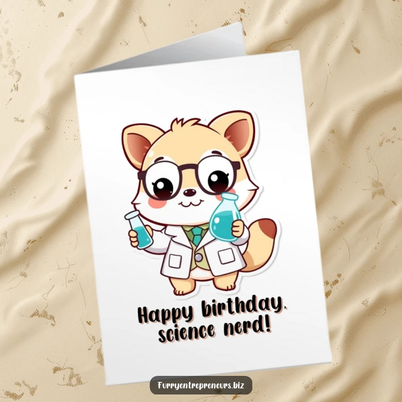 Funny Free Printable Birthday Card: Whimsical animal in a lab coat holding a tiny beaker, celebrating with a smile.