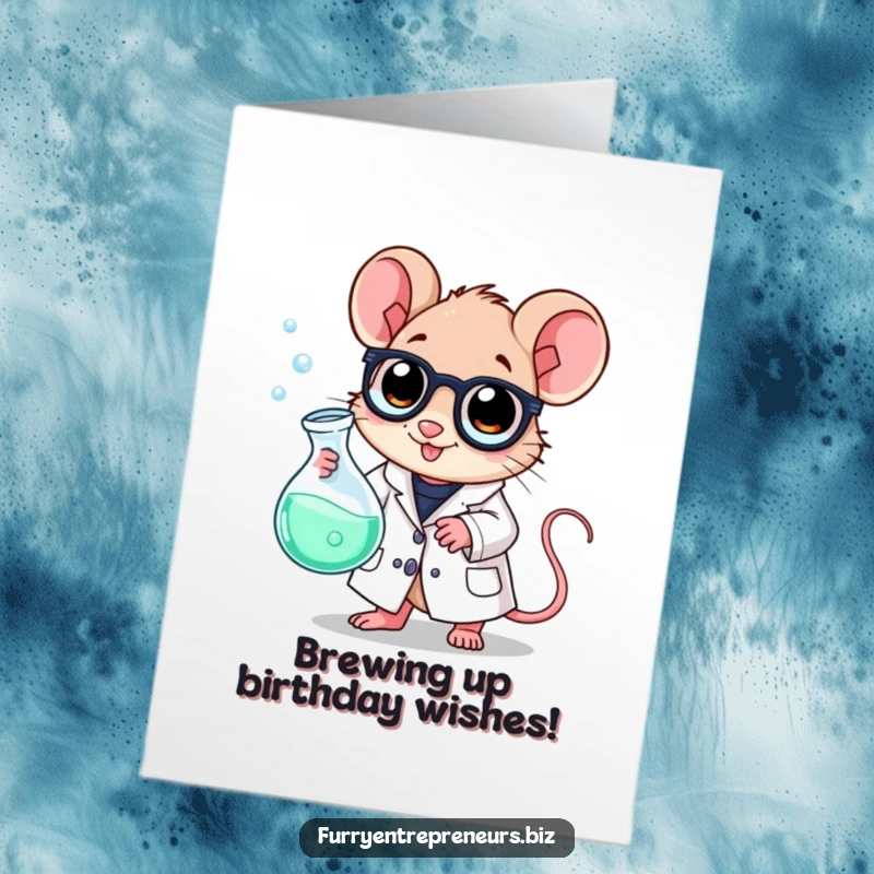 Funny Free Printable Birthday Card: Mouse in a lab coat holding a bubbling beaker, looking like a mad scientist.