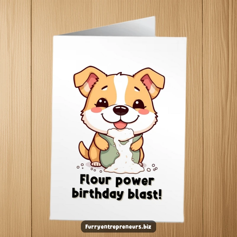 Funny Free Printable Birthday Card featuring a mischievous dog with a huge grin, playfully dropping flour from a bag, creating birthday chaos.