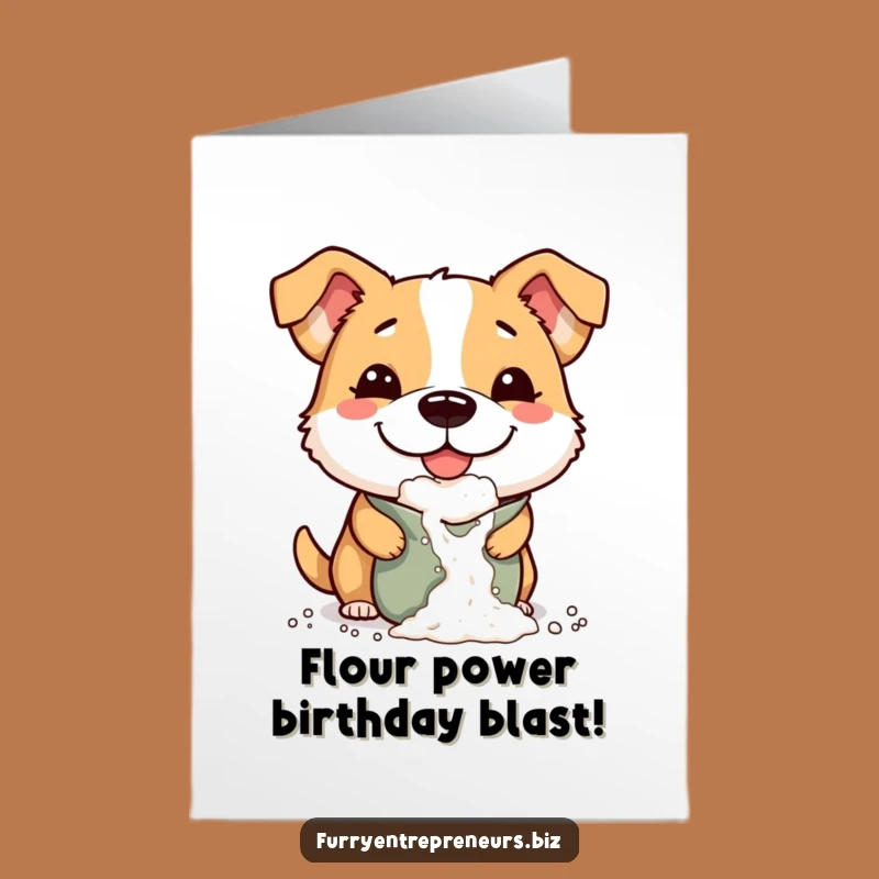 Free Printable Birthday Card: Mischievous Flour Dog, Hilarious Downloadable Dog Gift