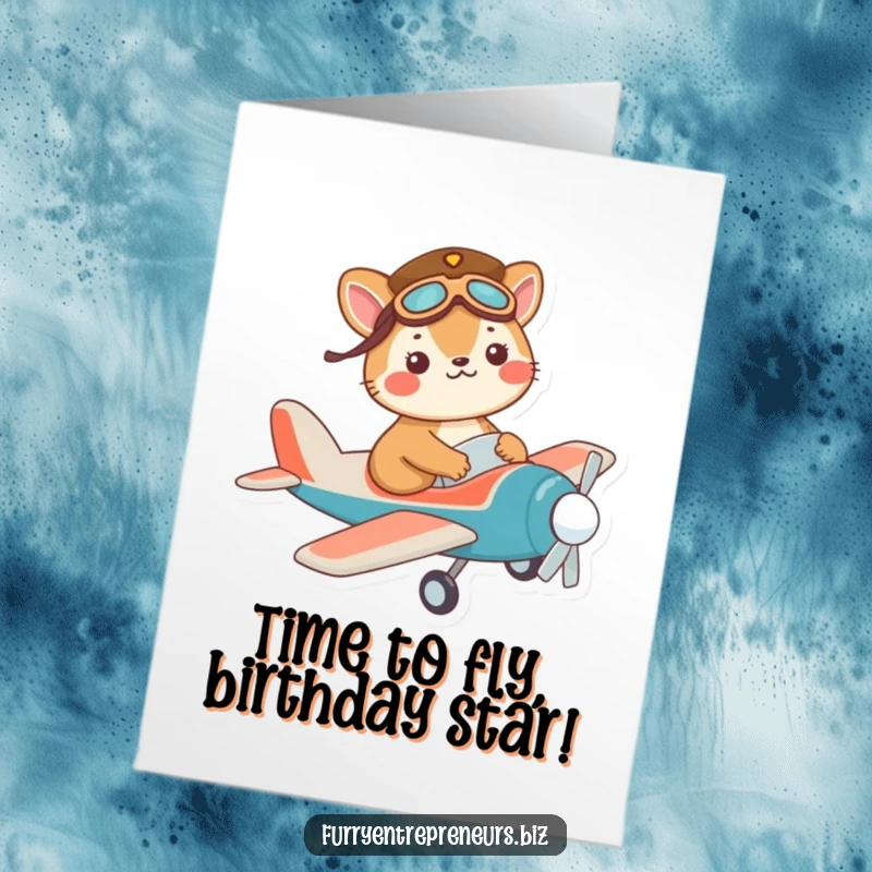 Funny Free Printable Birthday Card: Mischievous animal in a pilot hat joyfully flying a toy plane, celebrating.