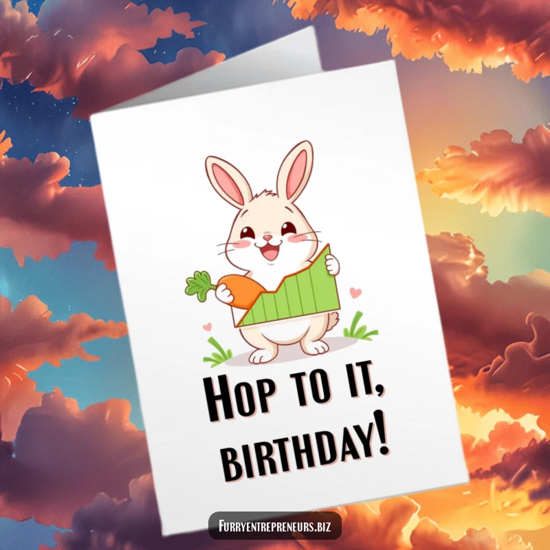 Funny Free Printable Birthday Card: A rabbit enthusiastically holding up a graph showing upward growth, with a carrot, for a birthday.