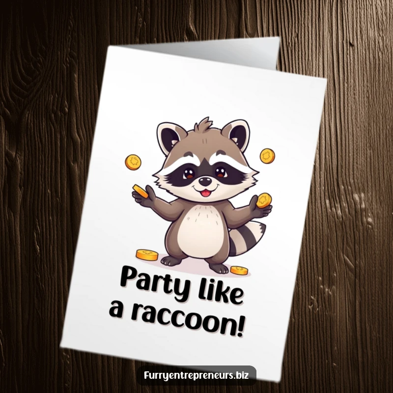 Funny Free Printable Birthday Card: Playful raccoon character juggling shiny coins with its paws, mischievous birthday wish, downloadable.