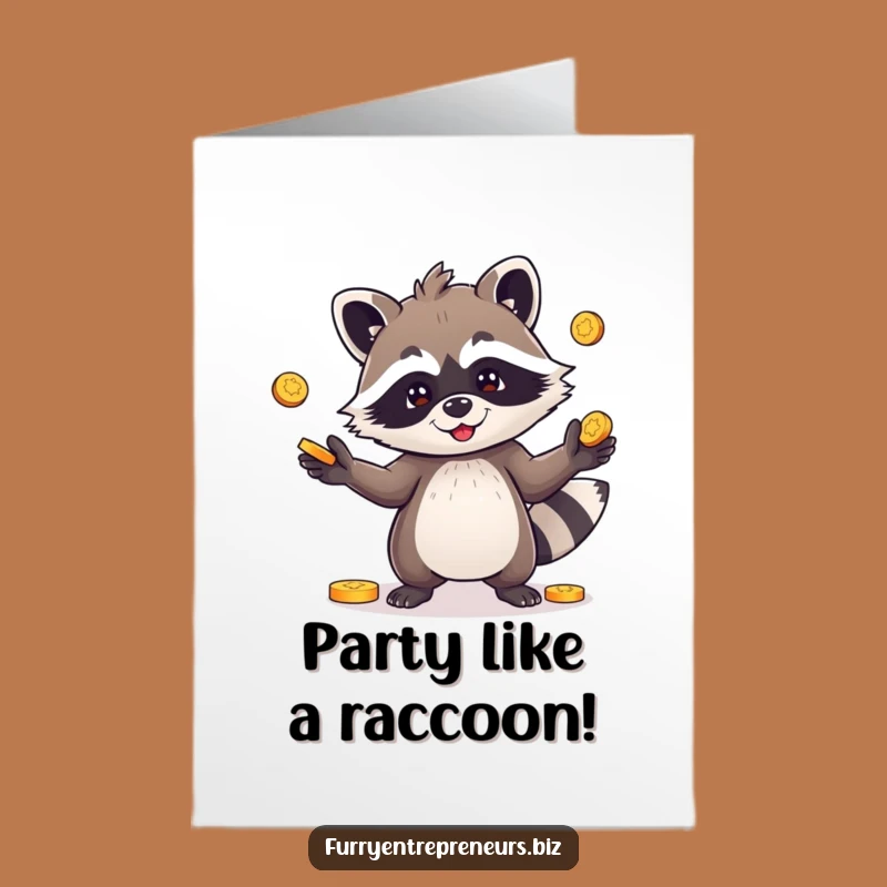 Free Printable Birthday Card: Raccoon Coin Juggler, Funny Downloadable Gift