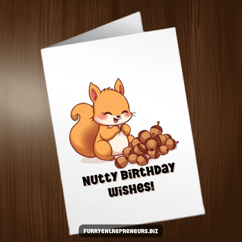 Funny Free Printable Birthday Card: A squirrel character happily counting a large pile of acorns with sheer delight.