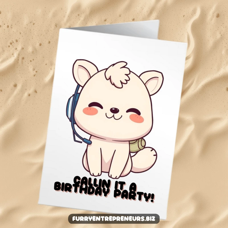 Funny Free Printable Birthday Card: Playful animal wearing a tiny headset grins while taking an important call.