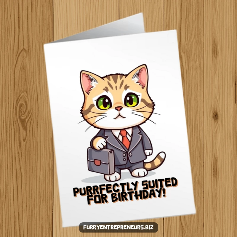 Funny Free Printable Birthday Card: A cat in a sharp business suit holding a briefcase, looking very important and determined.
