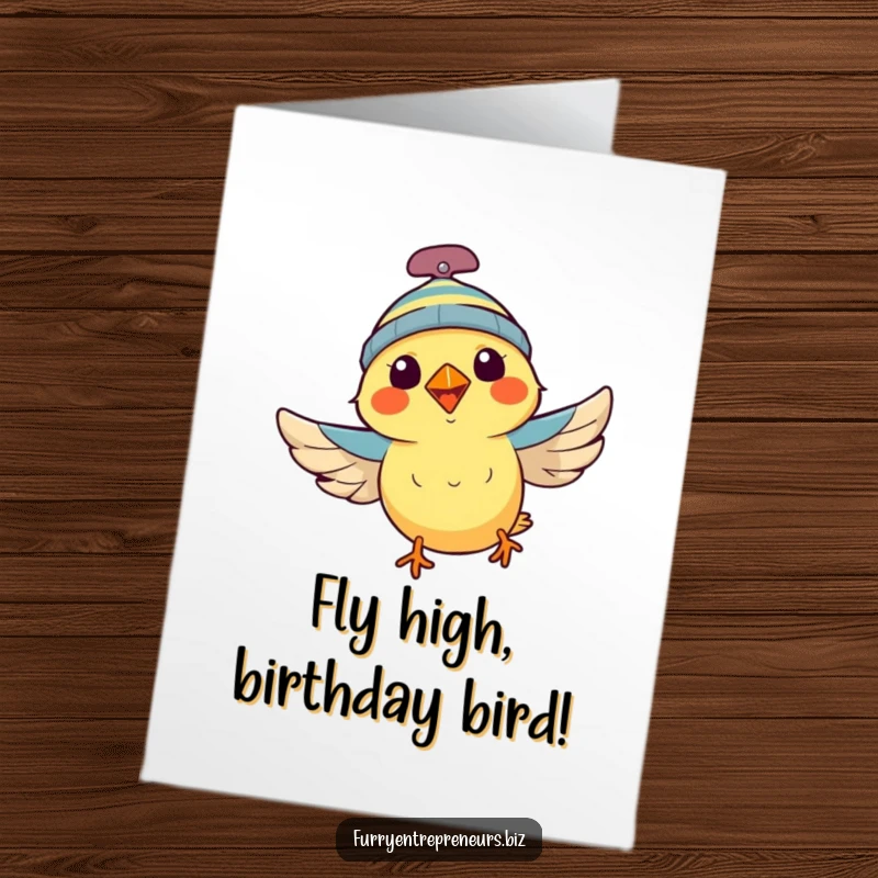 Funny Free Printable Birthday Card: An energetic bird with a propeller beanie flies high, sending birthday wishes.