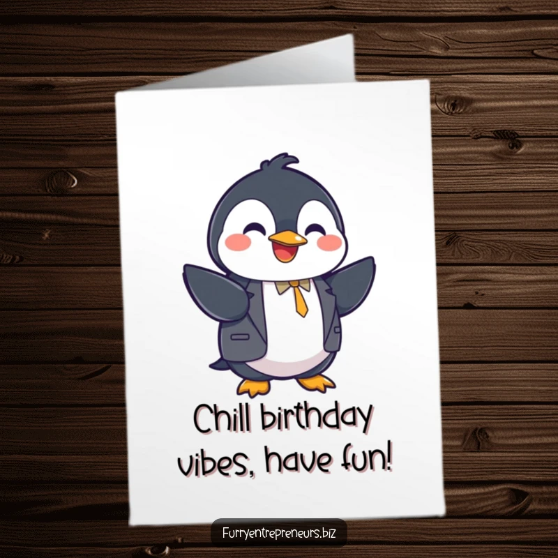 Funny Free Printable Birthday Card shows a joyful penguin in a suit, shaking hands warmly.