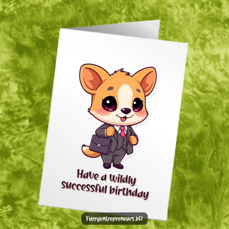 Funny Free Printable Birthday Card: A cute animal in a business suit holds a briefcase, a humorous birthday greeting.