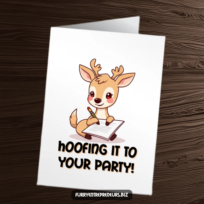 Funny Free Printable Birthday Card: A cheerful deer happily signs a document with its hoof, celebrating a special occasion.
