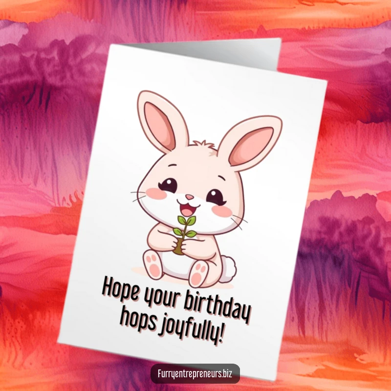 Funny Free Printable Birthday Card featuring a smiling rabbit holding a tiny plant seedling, symbolizing growth and a happy new year.