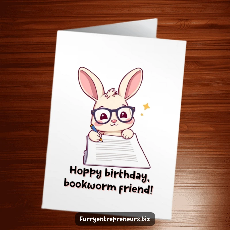 Funny Free Printable Birthday Card: Rabbit in glasses signs a large document, making birthday wishes official.