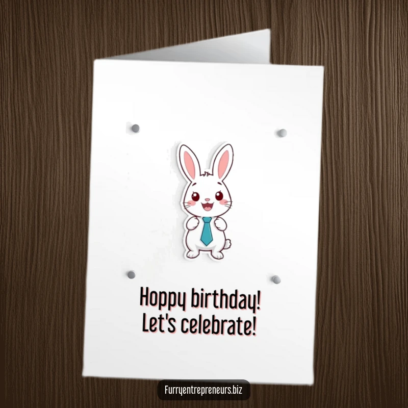 Funny Free Printable birthday card, a happy rabbit in a tiny tie presents on a whiteboard, celebrating with humor.