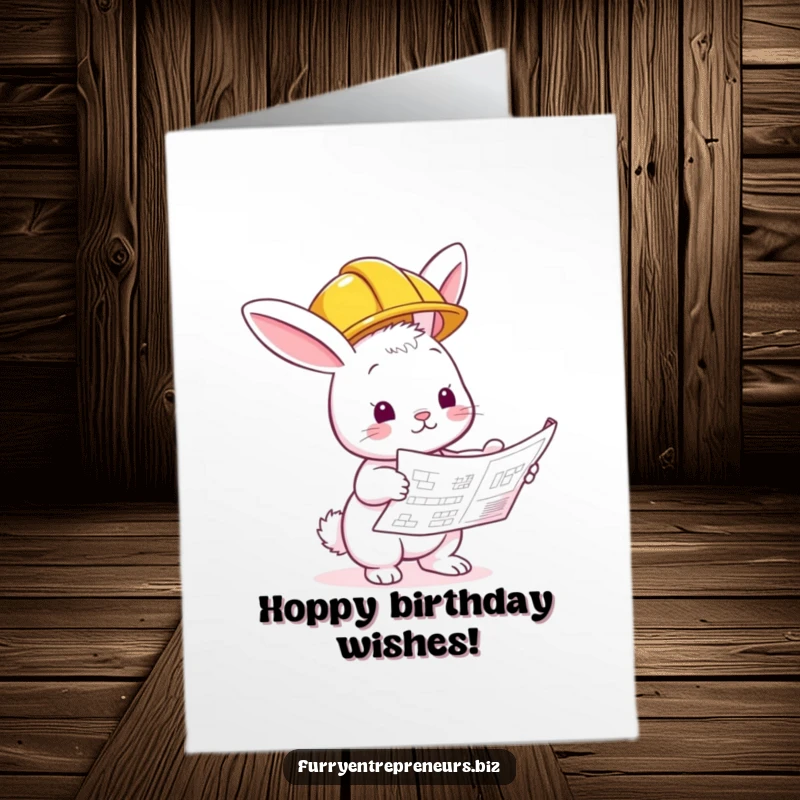 Funny Free Printable Birthday Card: A bunny wearing a hard hat intently studying a building blueprint with a magnifying glass.