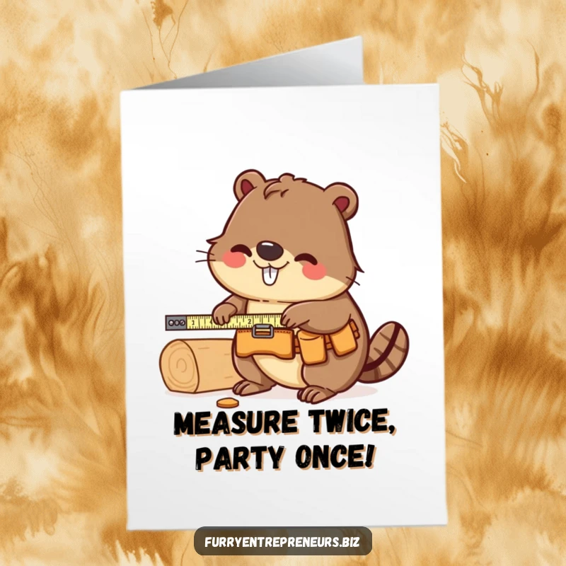 Funny Free Printable Beaver Carpenter Birthday Card, a busy beaver in a tool belt precisely measuring a plank of wood with a tape measure.