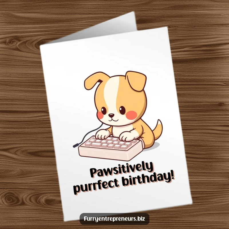 Funny Free Printable birthday card, an adorable dog types on a miniature keyboard, celebrating with tech humor.