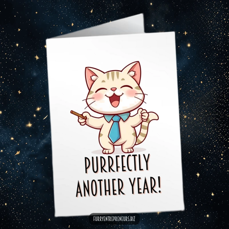 Funny free printable birthday card featuring a joyful cat in a necktie pointing with enthusiasm, teaching birthday fun.