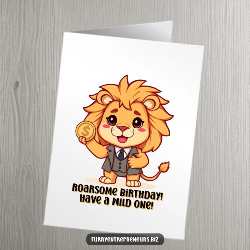 Funny Free Printable Birthday Card: Brave lion in a tiny suit, clutching a coin, ready to celebrate your big day.