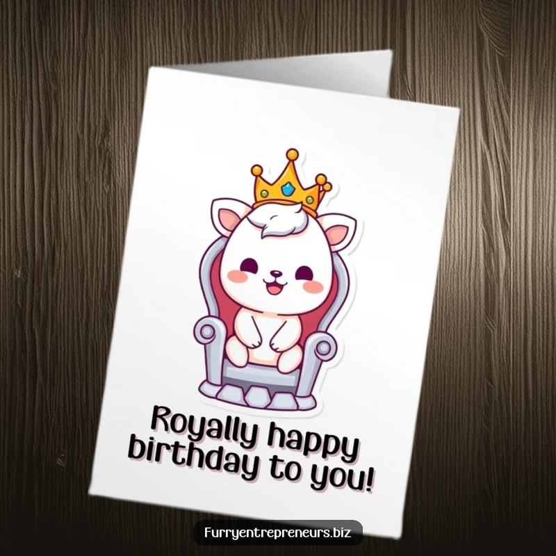 Funny Free Printable Birthday Card: Smiling animal wearing a crown sits on a throne, celebrating a birthday.