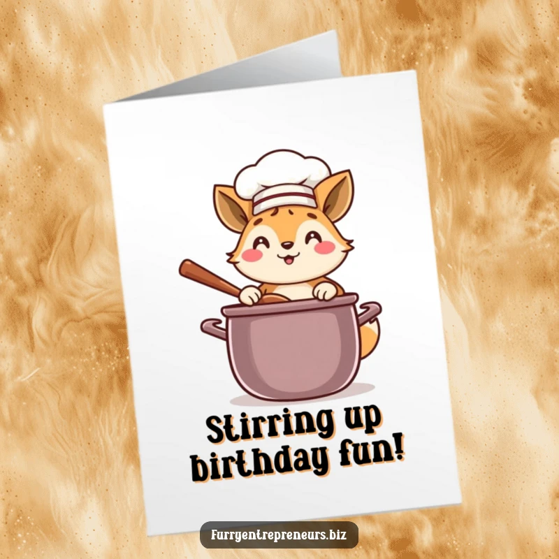 Funny Free Printable Birthday Card: Whimsical animal chef in a hat happily stirring a large pot, ready to celebrate.