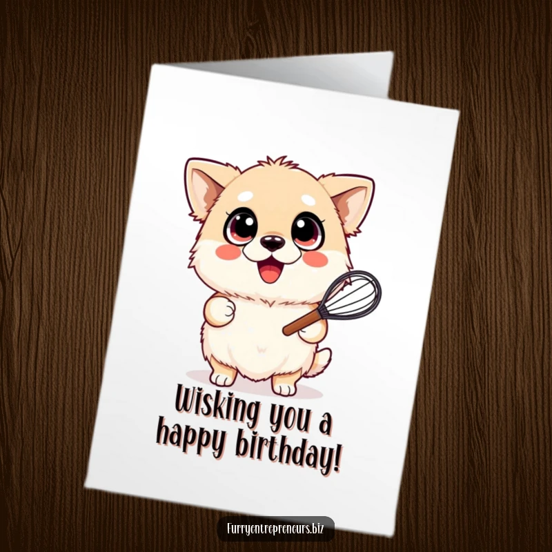 Funny Free Printable Birthday Card with a fluffy dog sporting wide happy eyes, joyfully holding a kitchen whisk, ready to celebrate.