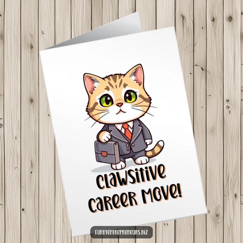 Funny Free Printable Congrats Card: A cat in a business suit confidently holding a briefcase, ready to sign important documents.