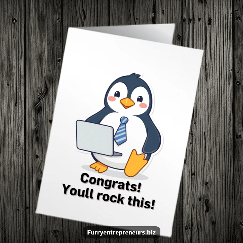 Funny Free Printable Congratulations Card: A penguin in a small tie holding a laptop, symbolizing professional achievement or a tech win.