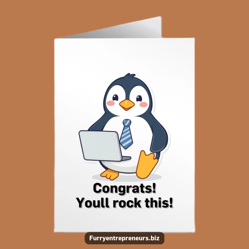 Free Printable Congratulations Card: Penguin with Laptop Cheers Your Success Downloadable Gift
