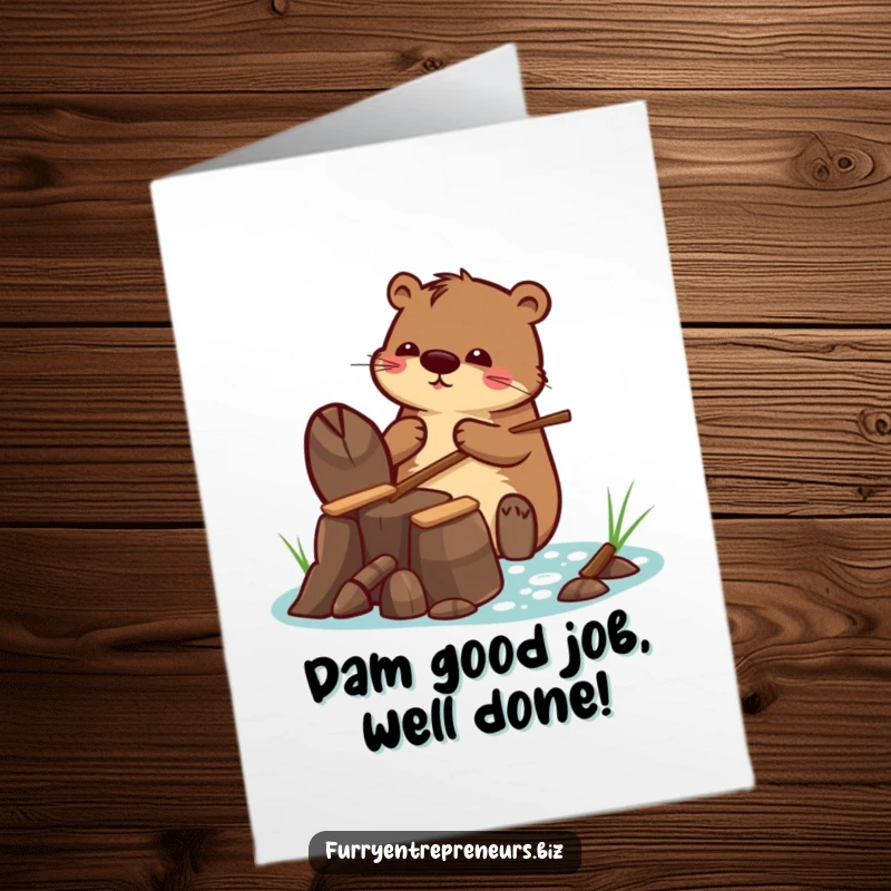 Funny Free Printable Congratulations Card: Beaver character proudly displaying a tiny dam built from sticks, symbolizing achievement, downloadable.