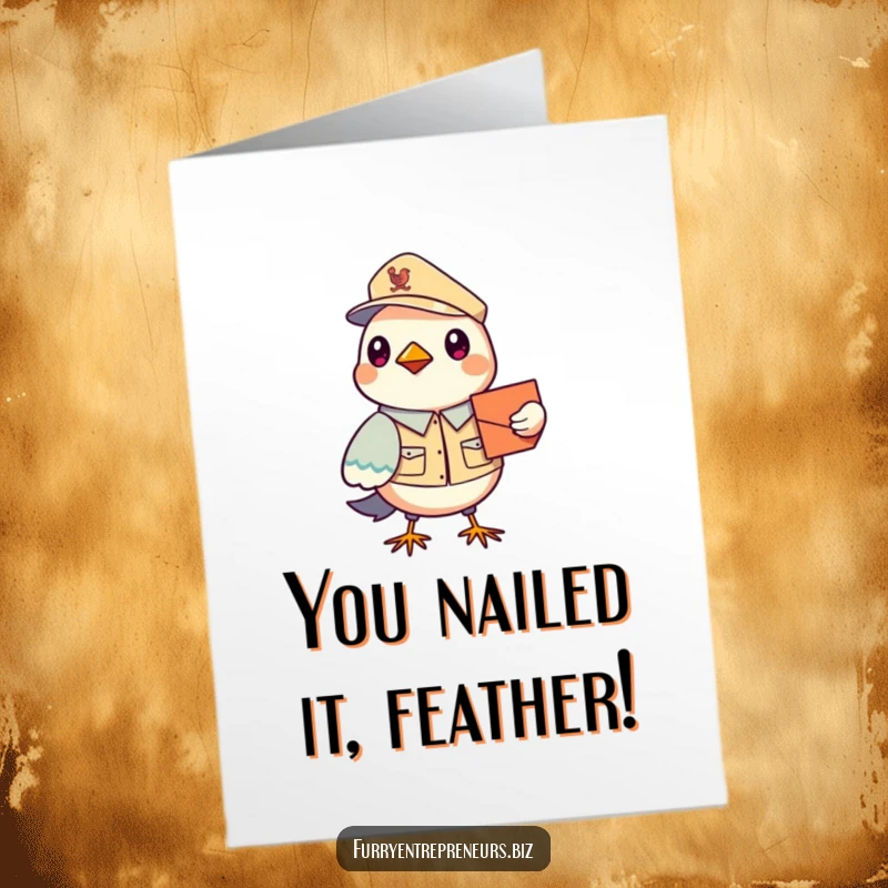 Funny Free Printable Bird Mailman Congratulations Card, a happy bird in uniform delivering a congratulatory message with a friendly chirp.
