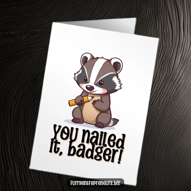 Funny Free Printable Congratulations Card: Badger character sharpening a small pencil with determination, symbolizing preparedness and success, downloadable.
