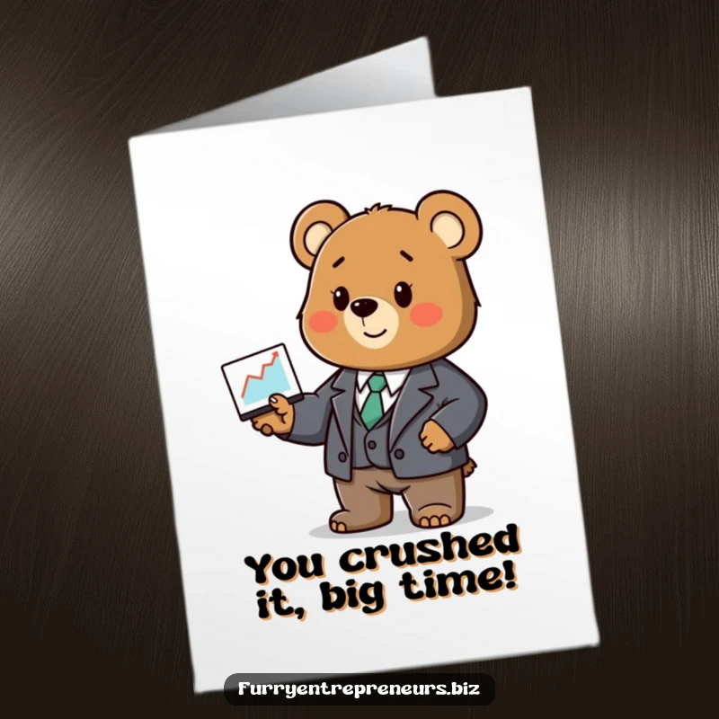 Funny Free Printable Congrats Card: Bear in a tiny suit presents a graph, celebrating your amazing success.