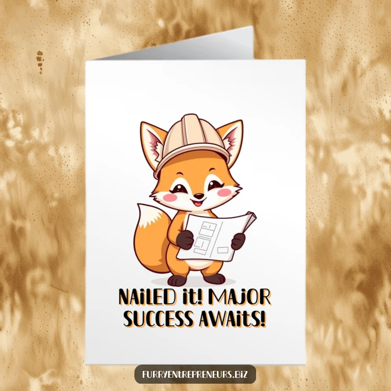 Funny Free Printable congratulations card, a fox in a hard hat holds a blueprint, celebrating success with a smile.