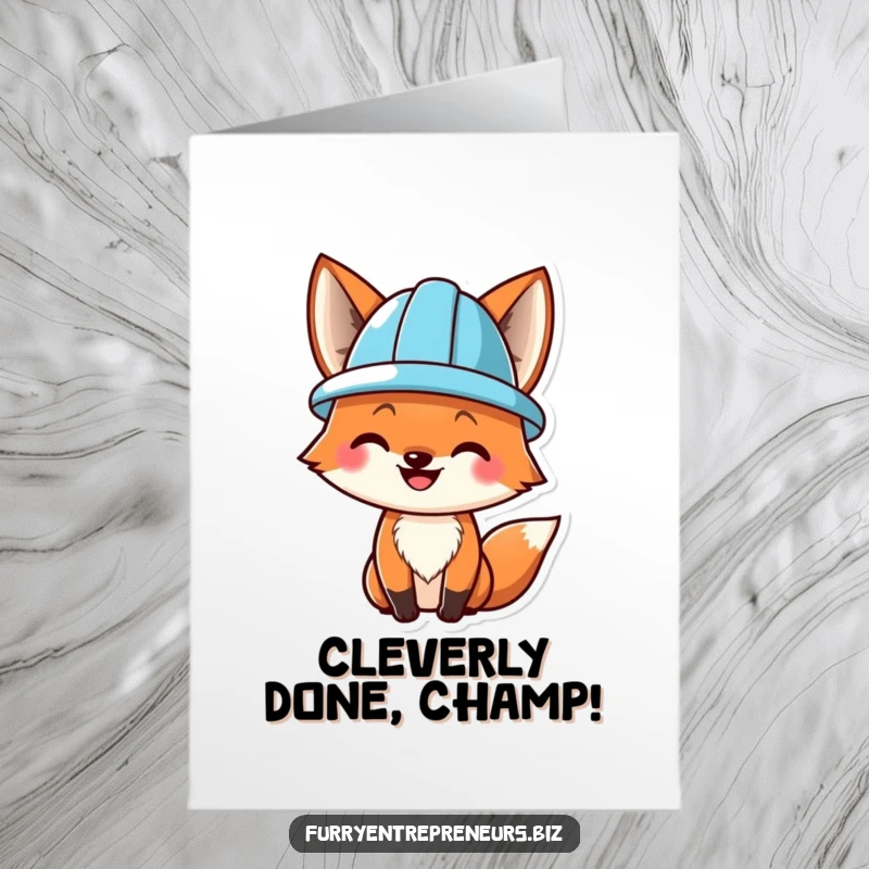 Funny free printable congratulations card showing a smiling fox wearing a hard hat, celebrating a completed project.