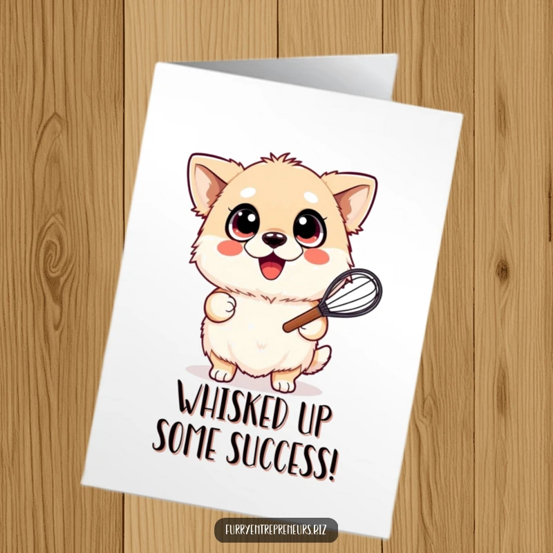 Funny Free Printable Congratulations Card featuring a fluffy dog with wide happy eyes, joyfully holding a whisk to celebrate achievements.