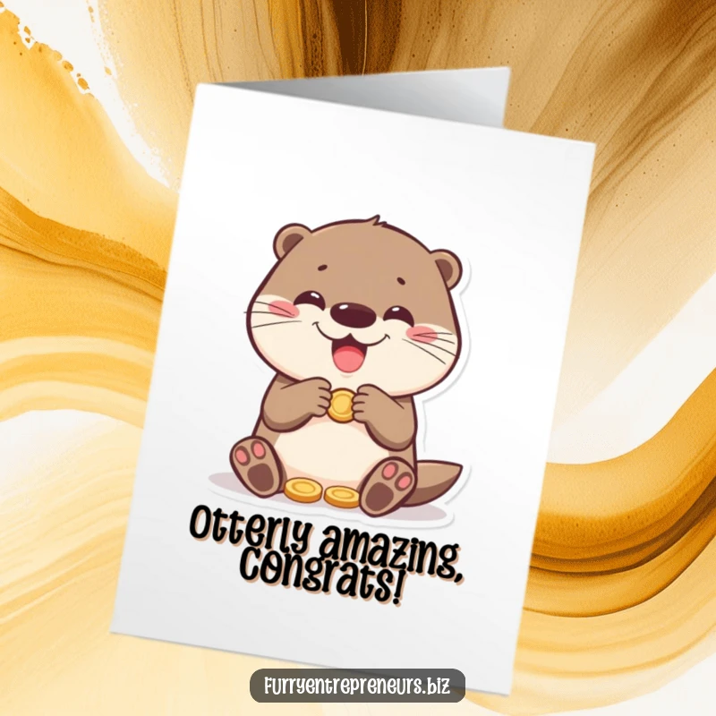 Funny Free Printable Congrats Card: A cheerful otter excitedly counts coins, celebrating your big win.