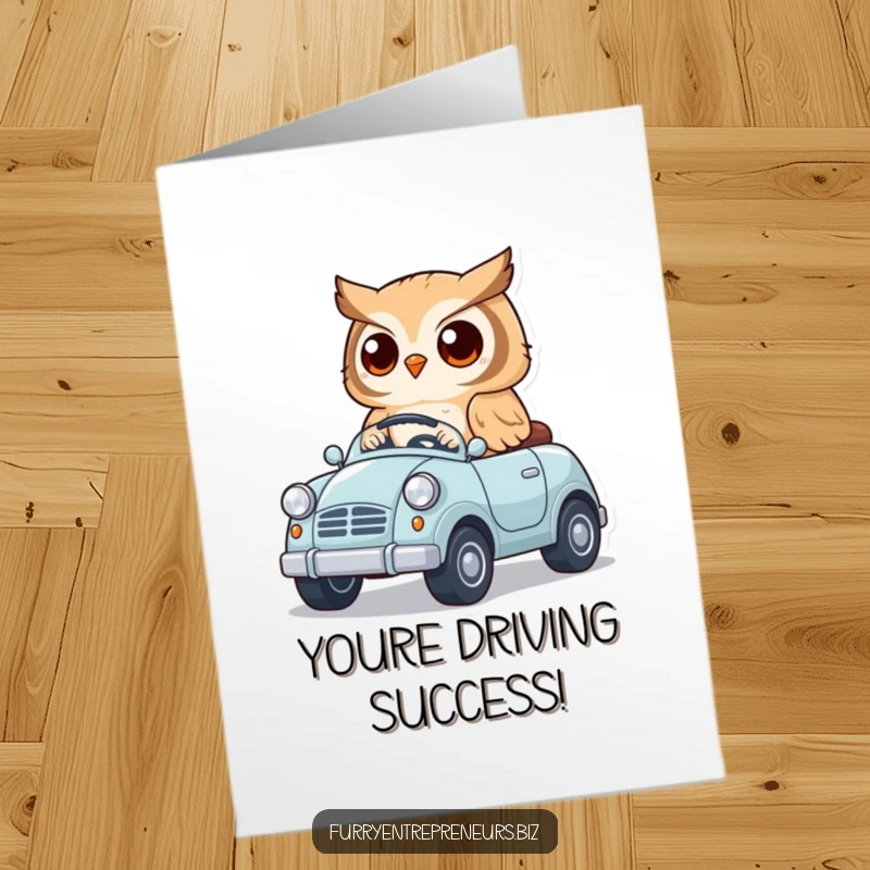 Funny free printable congratulations card featuring a cheerful owl character driving a tiny toy car, celebrating a win.