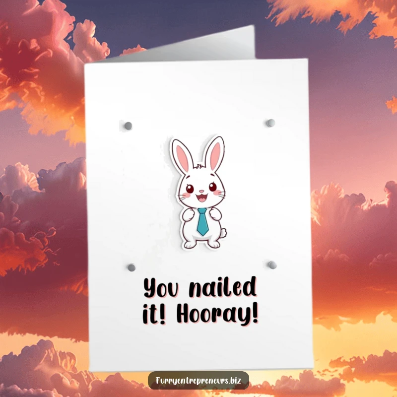 Funny Free Printable congratulations card, a rabbit in a tie presents on a whiteboard, celebrating achievements with laughter.