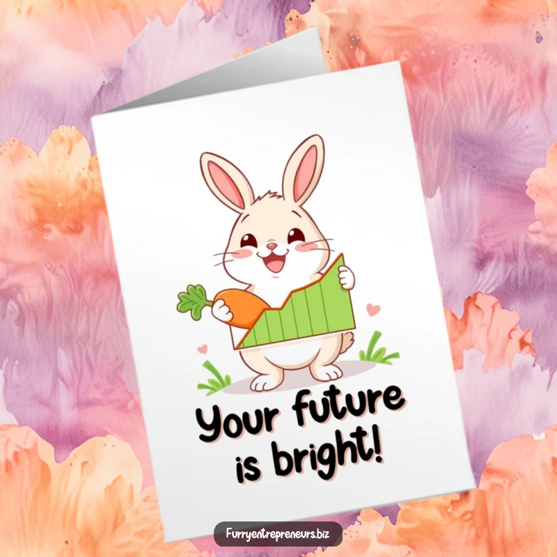 Funny Free Printable Congratulations Card: A rabbit character proudly presents a graph indicating success, holding a carrot.
