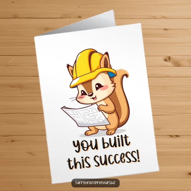 Funny Free Printable Congrats Card: Squirrel engineer in hard hat holds blueprint, celebrating success with a proud look.