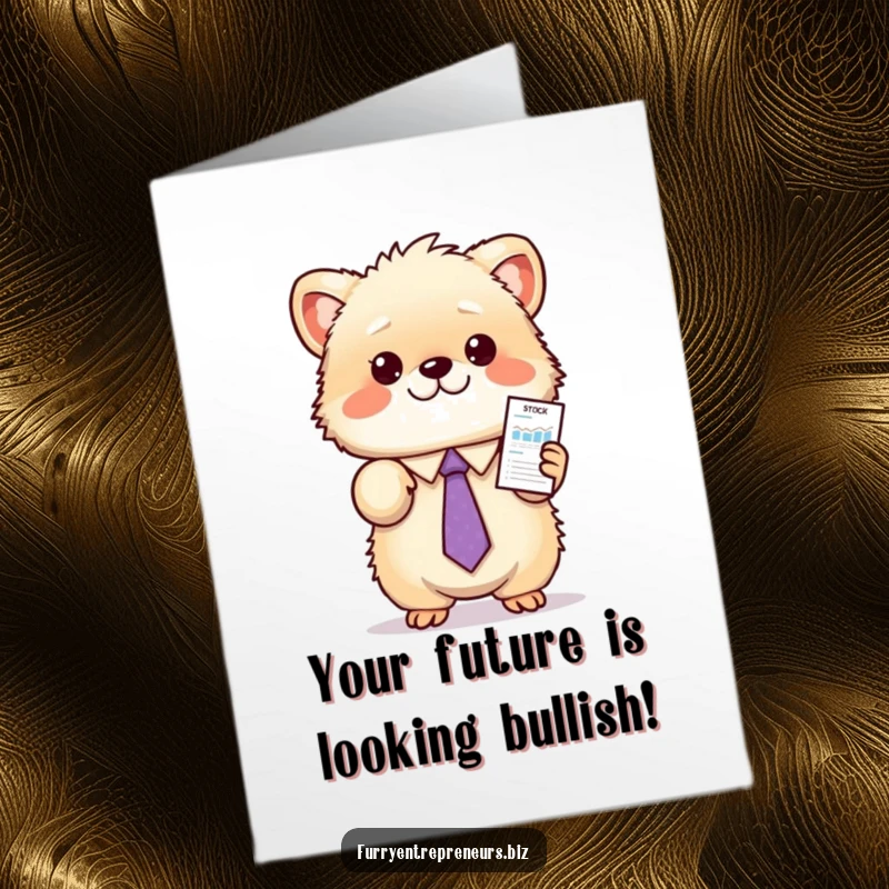 Free Printable Congratulations Card: Fluffy animal in a tie presenting a stock chart, a funny success.