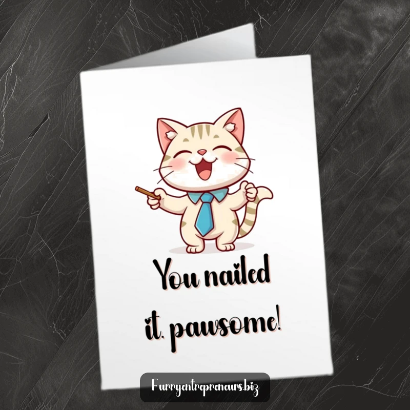 Funny free printable congratulations card with a sophisticated cat in a necktie using a pointer stick to highlight success.