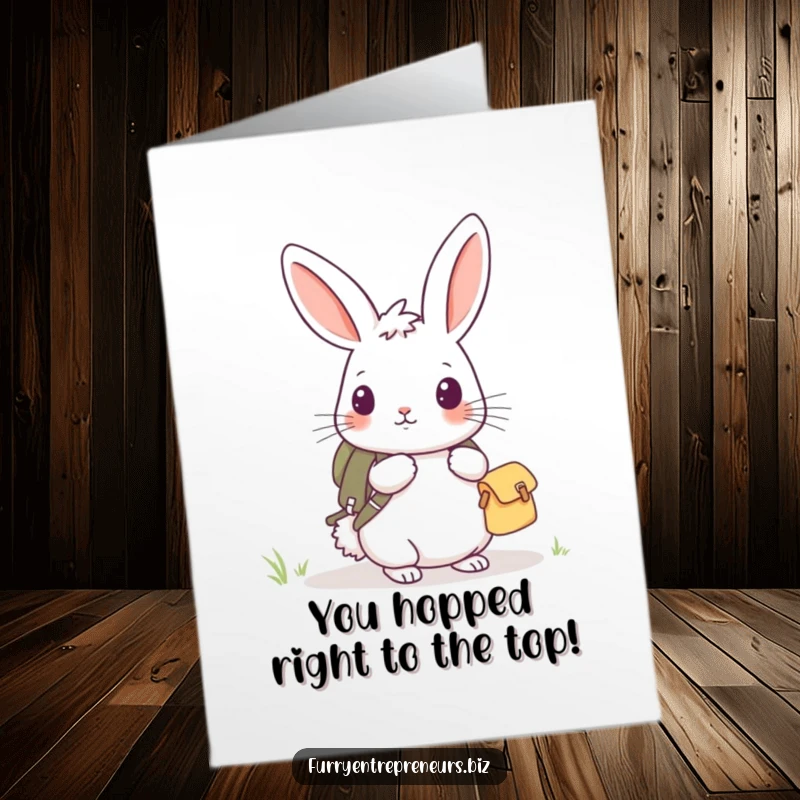 Funny Free Printable Congratulations Card: Curious rabbit with a backpack, exploring and celebrating a new discovery.