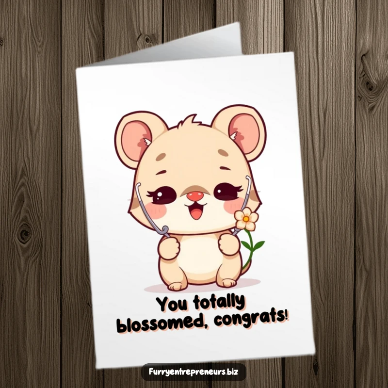Funny Free Printable Congratulations Card: Delighted animal wearing a stethoscope, intently listening to a happy flower.