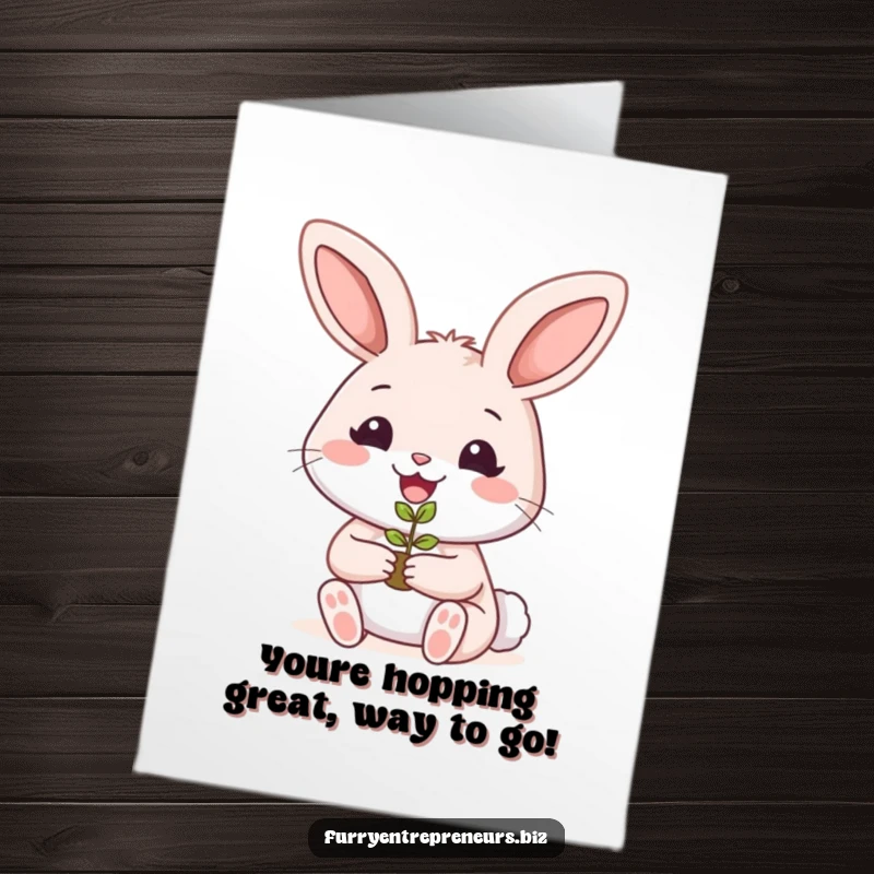 Funny Free Printable Congratulations Card of a smiling rabbit holding a tiny plant seedling, representing new growth and development.