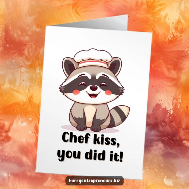 Funny free printable congratulations card showing a giggling raccoon in a chef hat, celebrating success with a playful culinary flair.