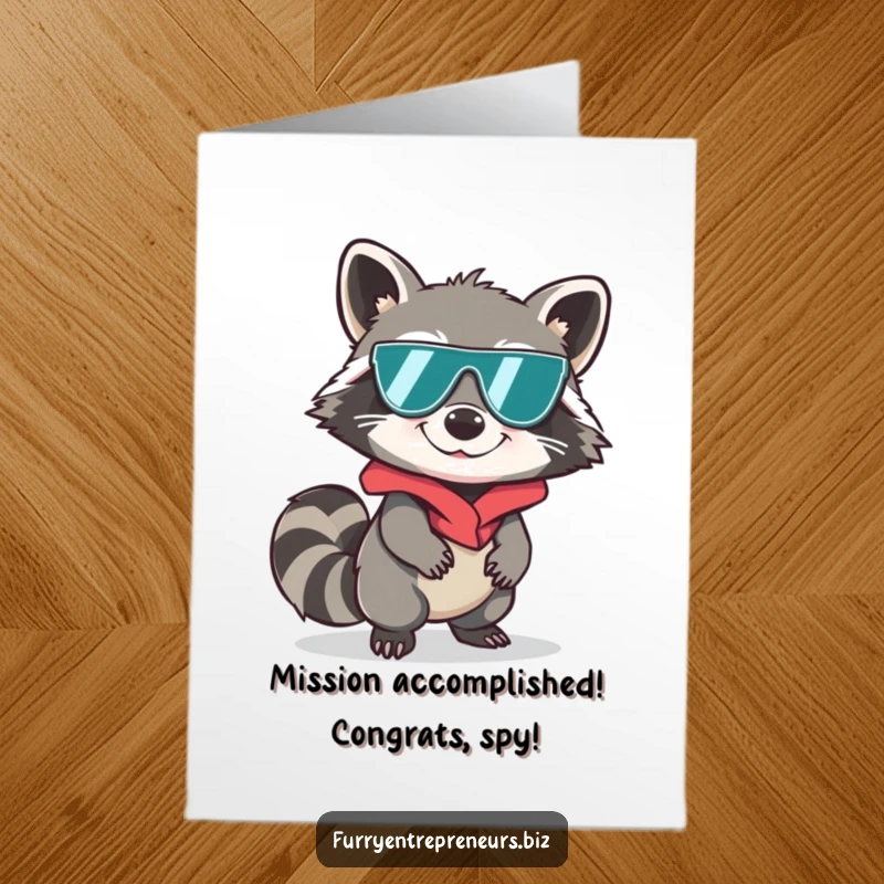 Funny Free Printable Congratulations Card features a raccoon spy sneaking, celebrating a successful mission.