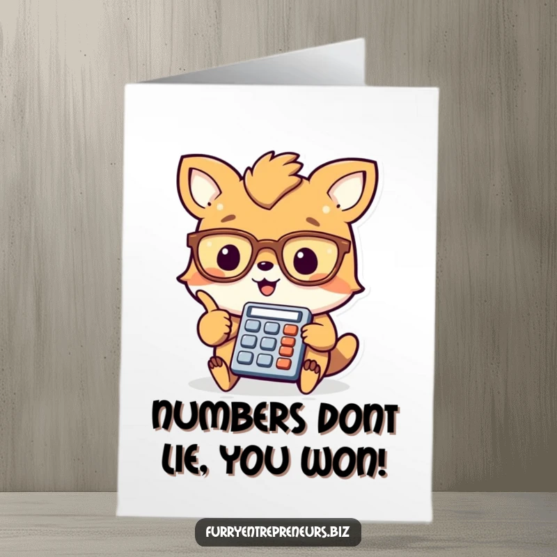 Funny Free Printable Congrats Card: Cheerful animal in glasses points enthusiastically at a tiny calculator, celebrating a numerical win.